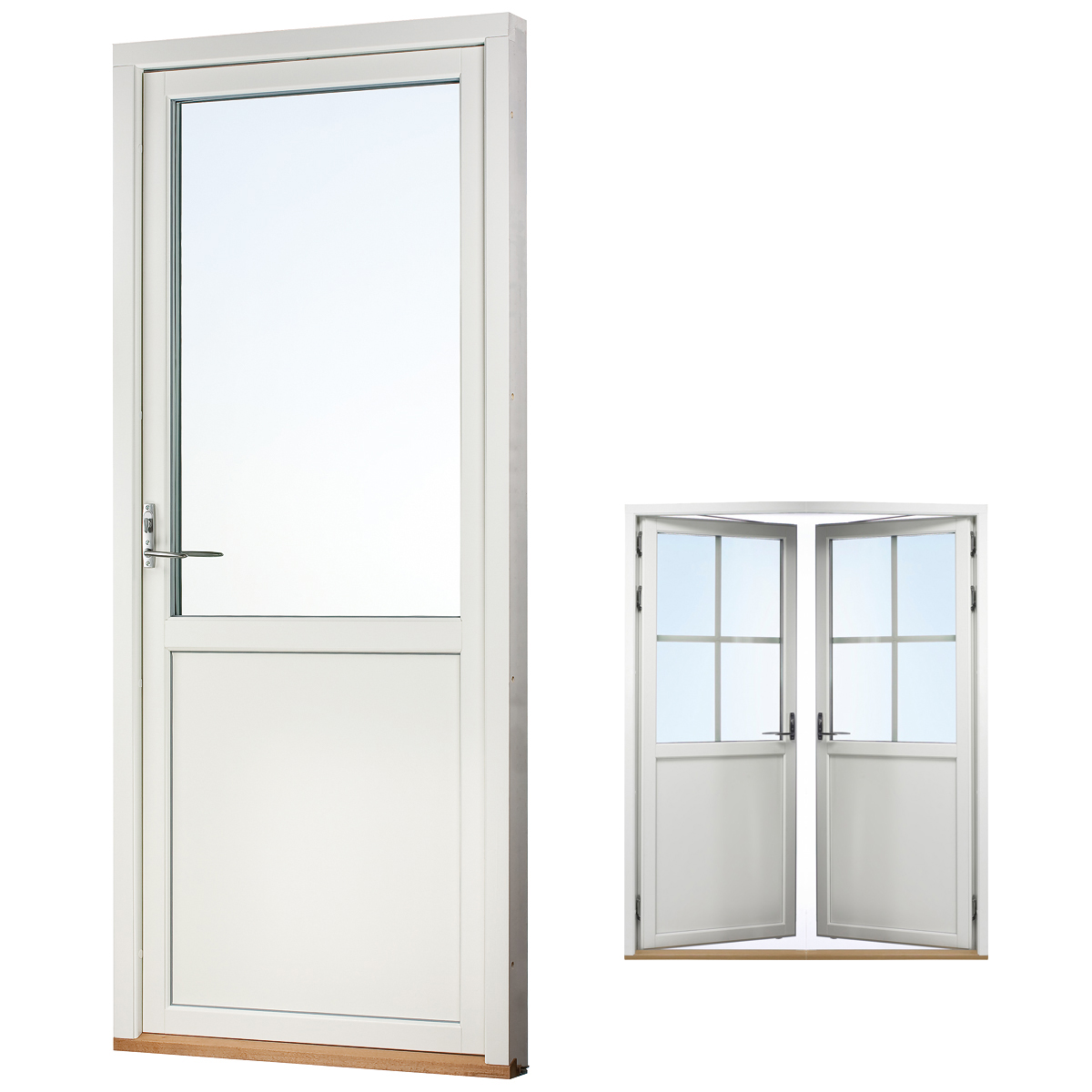 Svenska Fönster altandörr utåtgående linjerar med fasta fönster, insida trä utsida trä, 3-glas